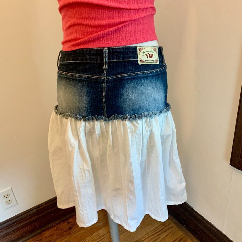 VTG YMI Lace Ruffle Denim Midi Skirt y2k 2000s 90s Western Mixed Peasant Cotton - Picture 8 of 16